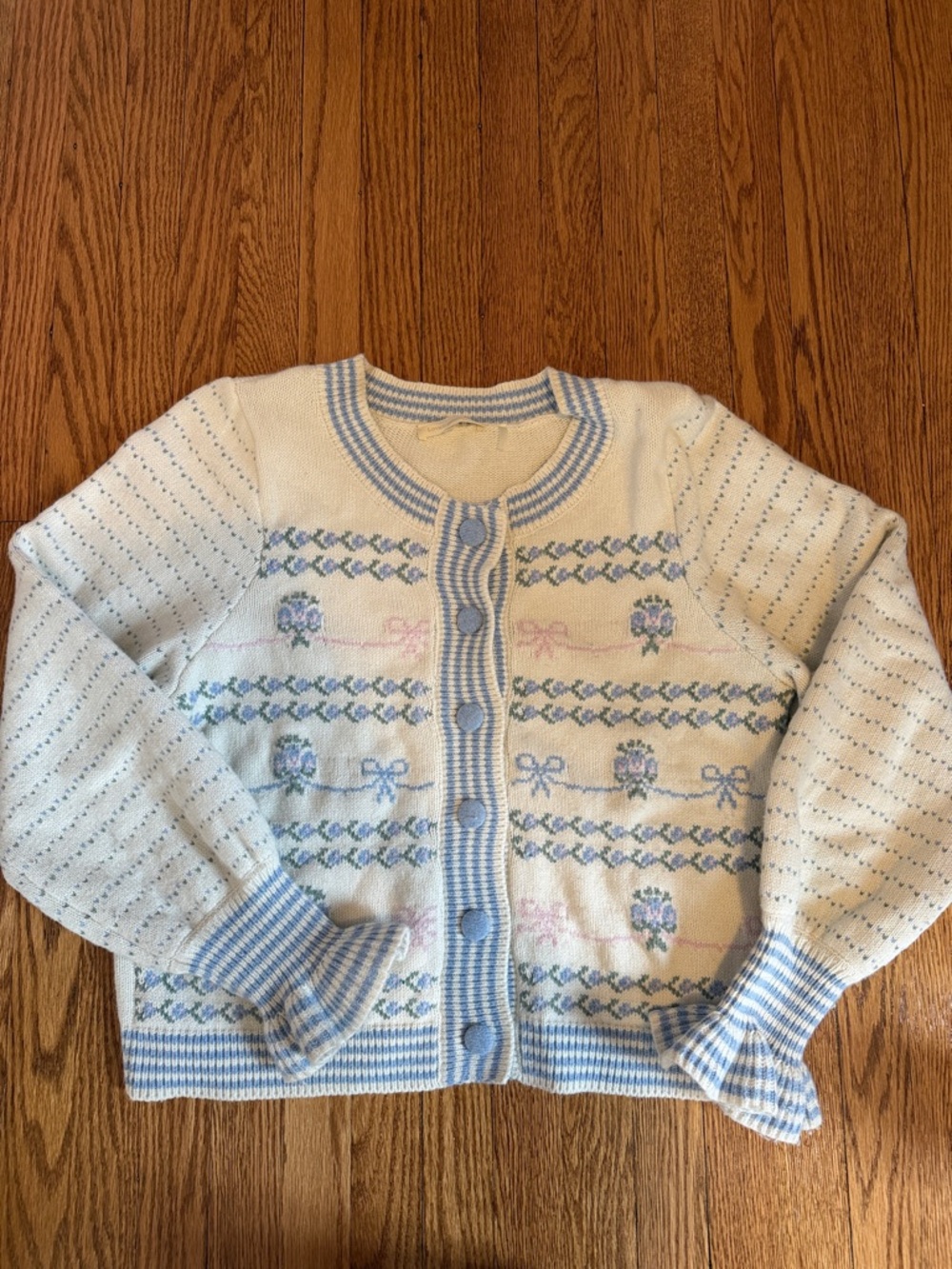 Loveshackfancy Cream Cardigan with Light Blue Trim and Floral Detail
